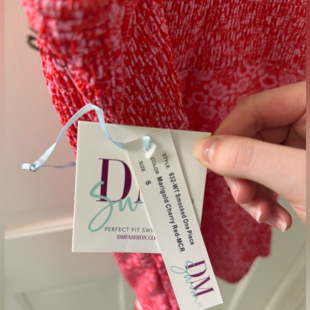 NWT DM Fashion Smocked One Piece Women's Swimsuit - Marigold Cherry Red - SMALL - Picture 4 of 10